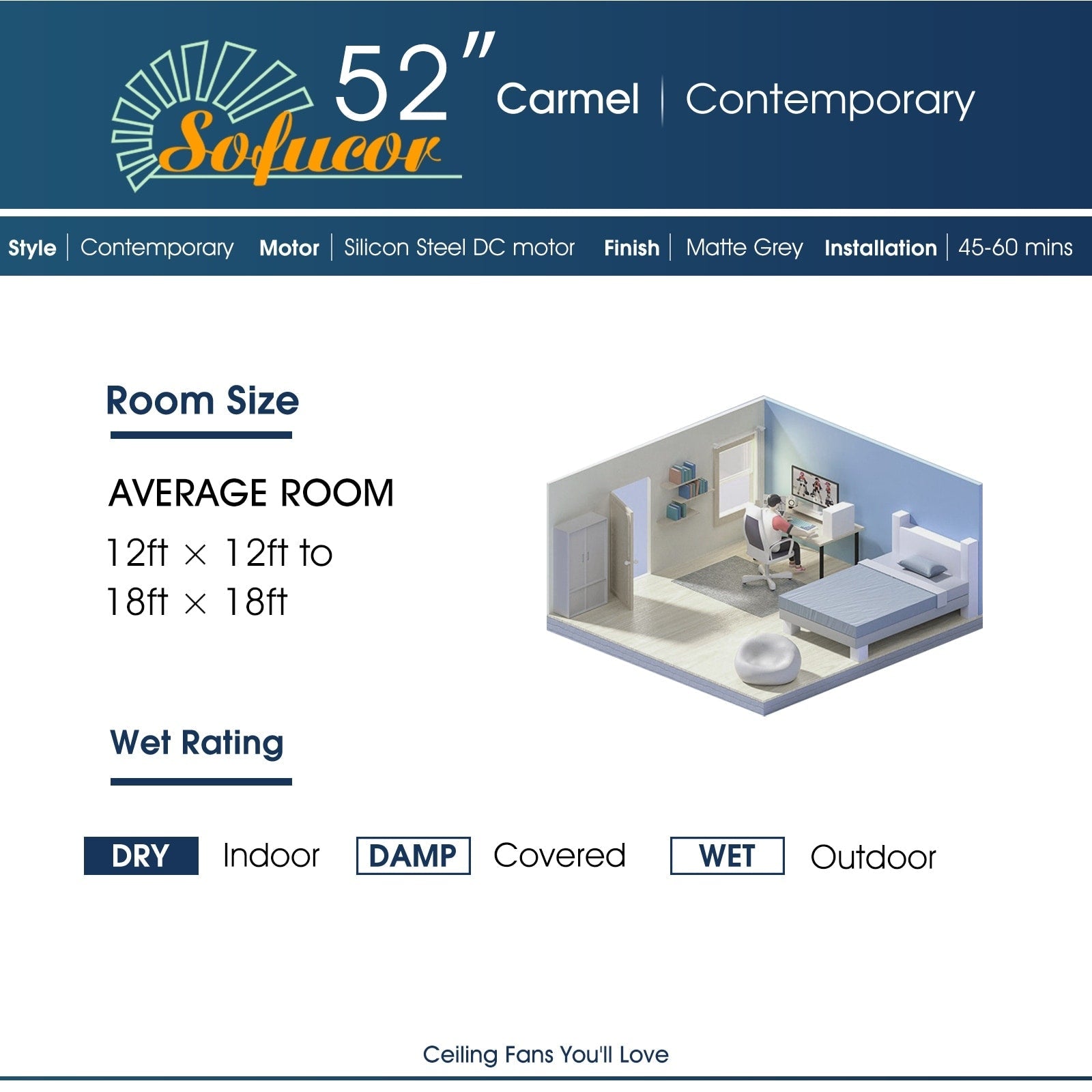 Ventilateur de plafond moderne de 52 pouces en bois massif/ABS avec télécommande (sans éclairage), 6 vitesses de ventilation, flux d'air réversible.
