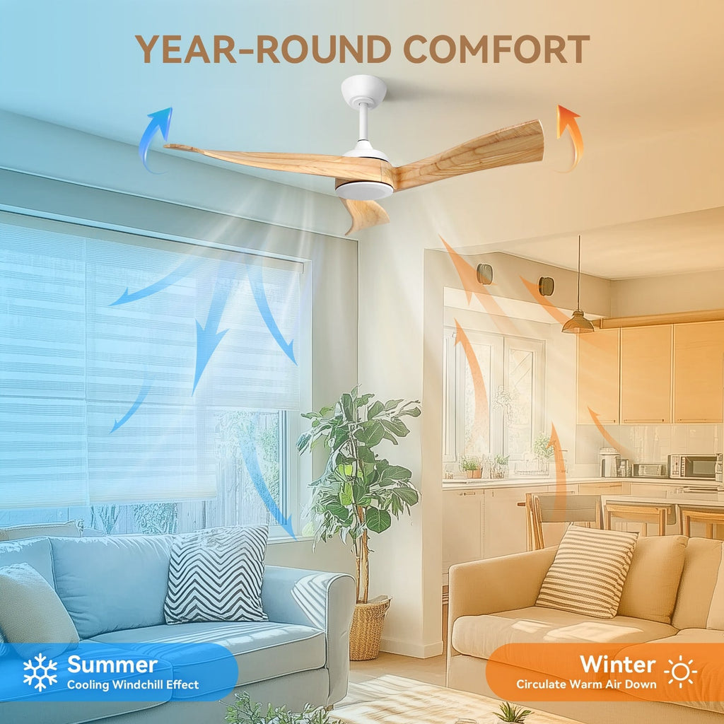 Ventilateur de plafond moderne de 52 pouces en bois massif/ABS avec télécommande (sans éclairage), 6 vitesses de ventilation, flux d'air réversible.