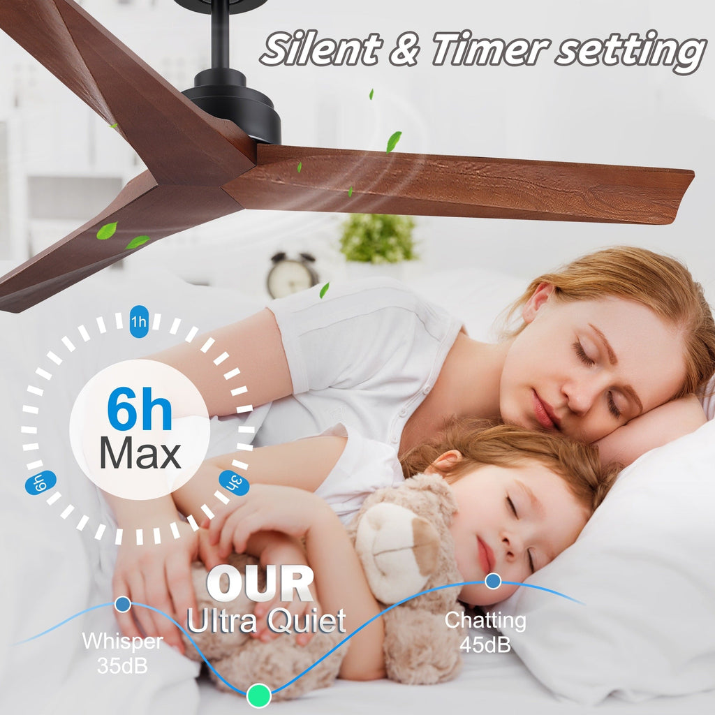 Ventilateur de plafond moderne de 52 pouces en bois massif/ABS avec télécommande (sans éclairage), 6 vitesses de ventilation, flux d'air réversible.