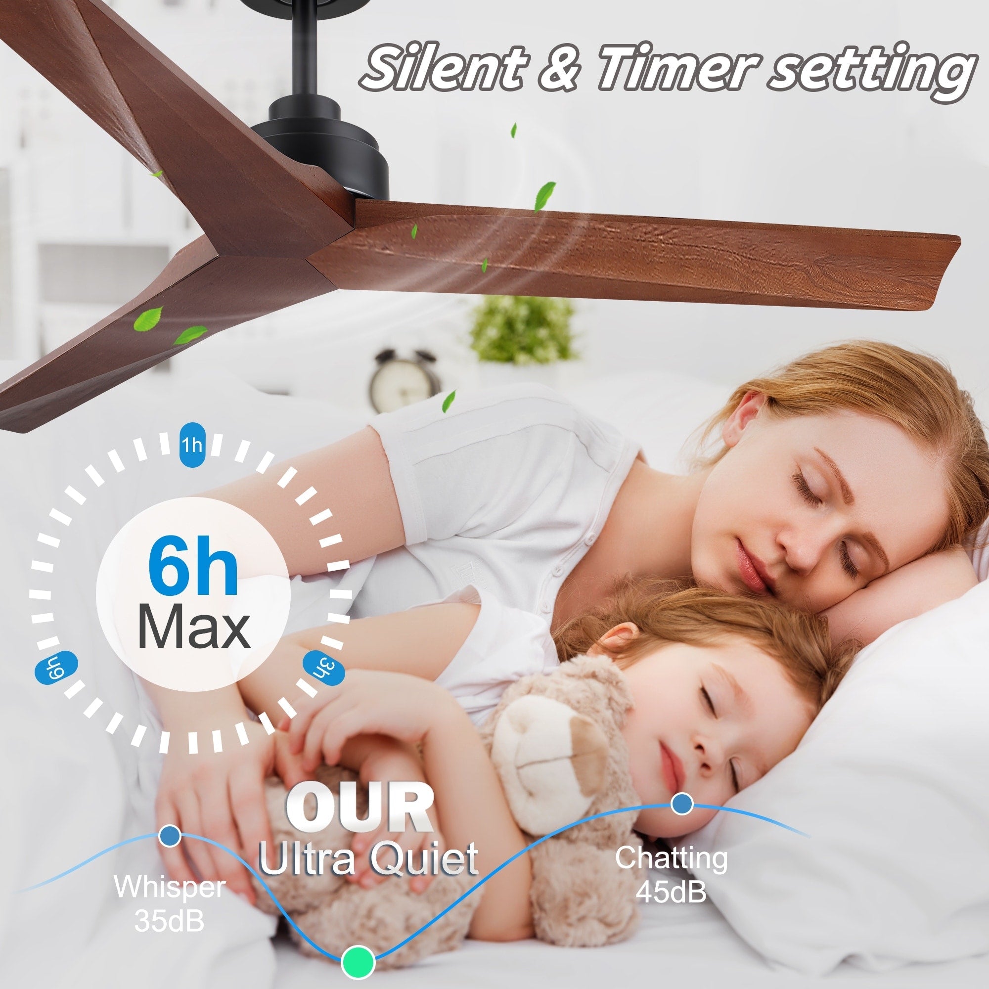 Ventilateur de plafond moderne de 52 pouces en bois massif/ABS avec télécommande (sans éclairage), 6 vitesses de ventilation, flux d'air réversible.