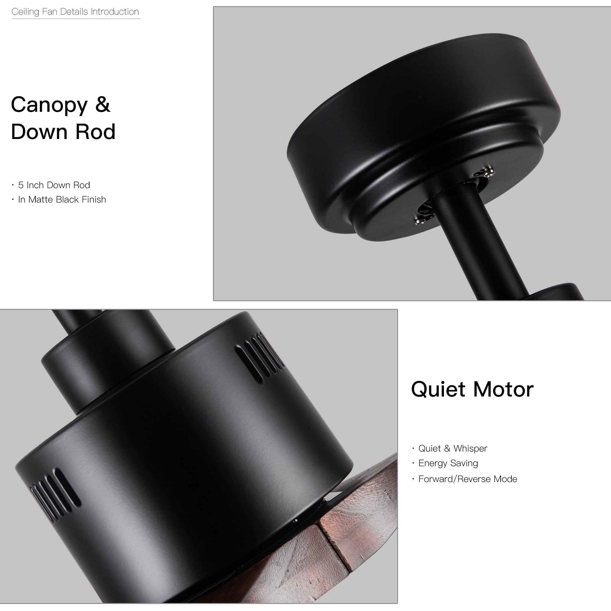 Ventilateur de plafond moderne de 52 pouces en bois massif/ABS avec télécommande (sans éclairage), 6 vitesses de ventilation, flux d'air réversible.