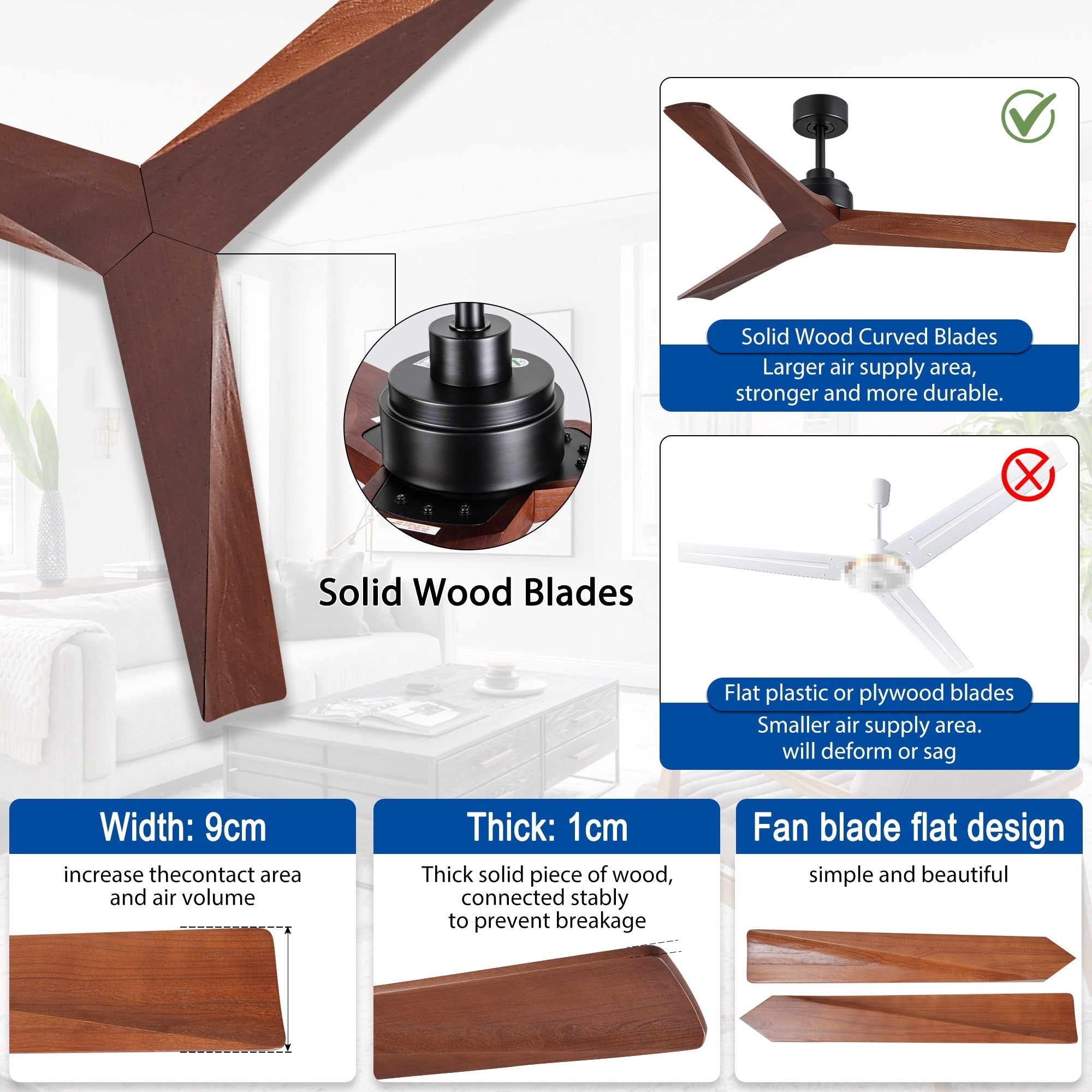 Ventilateur de plafond moderne de 52 pouces en bois massif/ABS avec télécommande (sans éclairage), 6 vitesses de ventilation, flux d'air réversible.