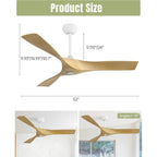 Ventilateur de plafond moderne de 52 pouces en bois massif/ABS avec télécommande (sans éclairage), 6 vitesses de ventilation, flux d'air réversible.