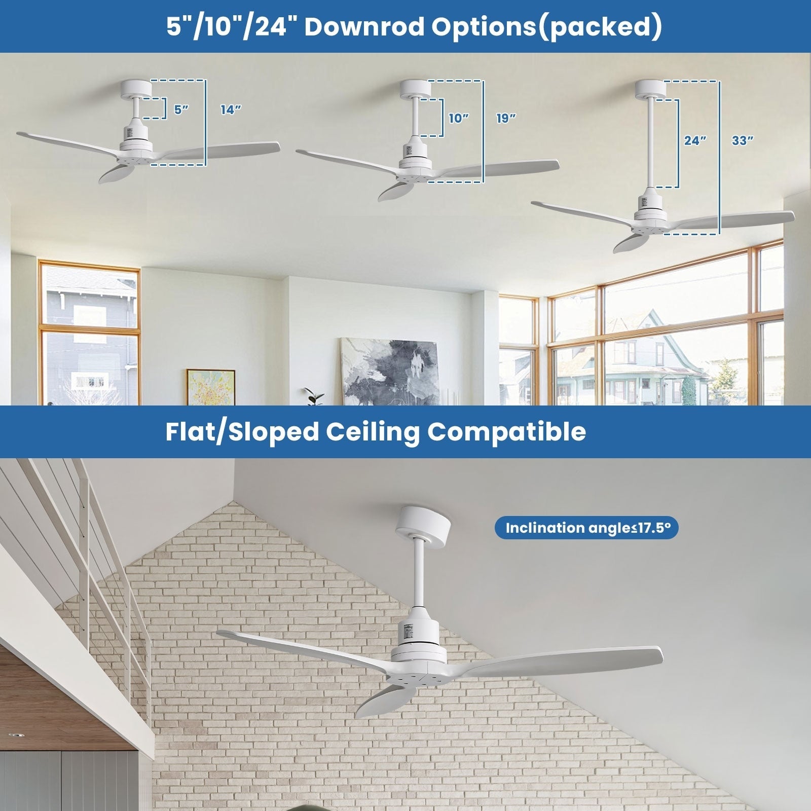 Ventilateur de plafond moderne de 52 pouces en bois massif/ABS avec télécommande (sans éclairage), 6 vitesses de ventilation, flux d'air réversible.