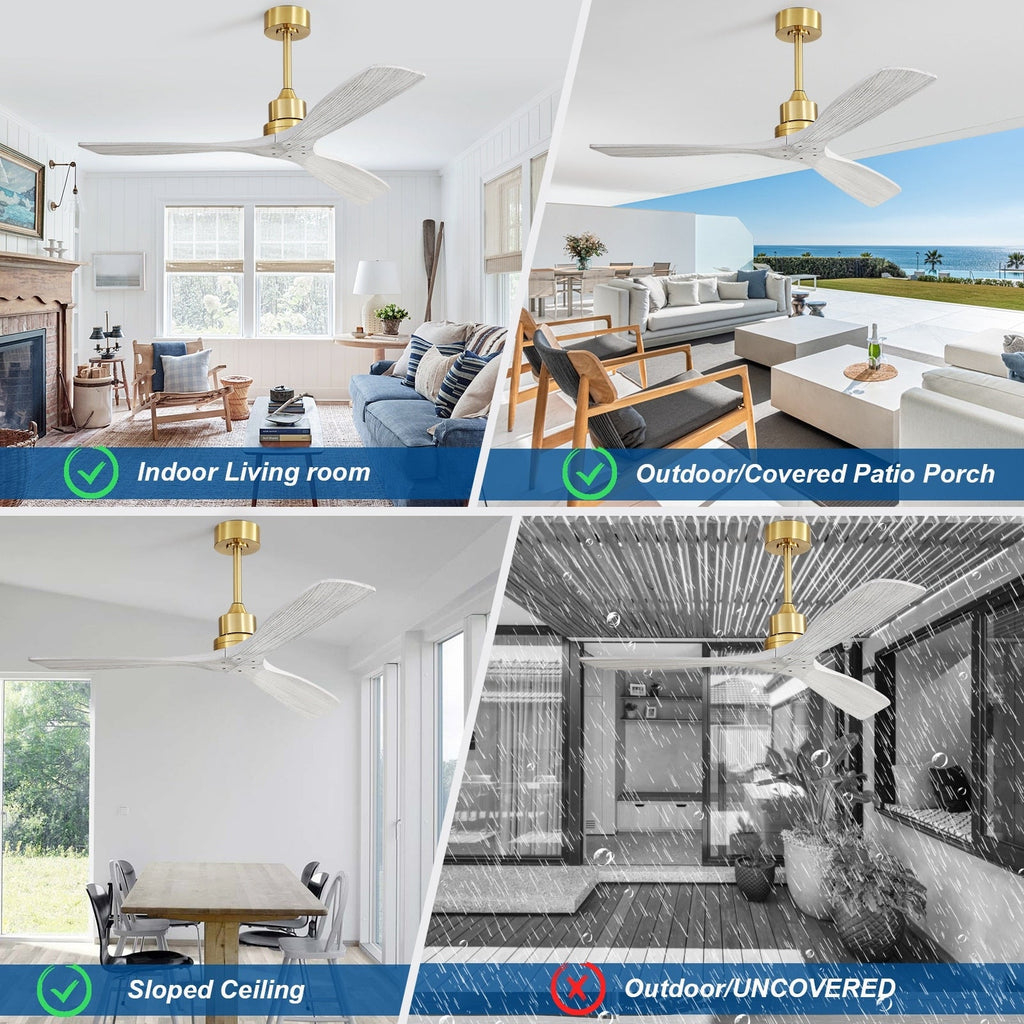 Ventilateur de plafond moderne de 52 pouces en bois massif/ABS avec télécommande (sans éclairage), 6 vitesses de ventilation, flux d'air réversible.