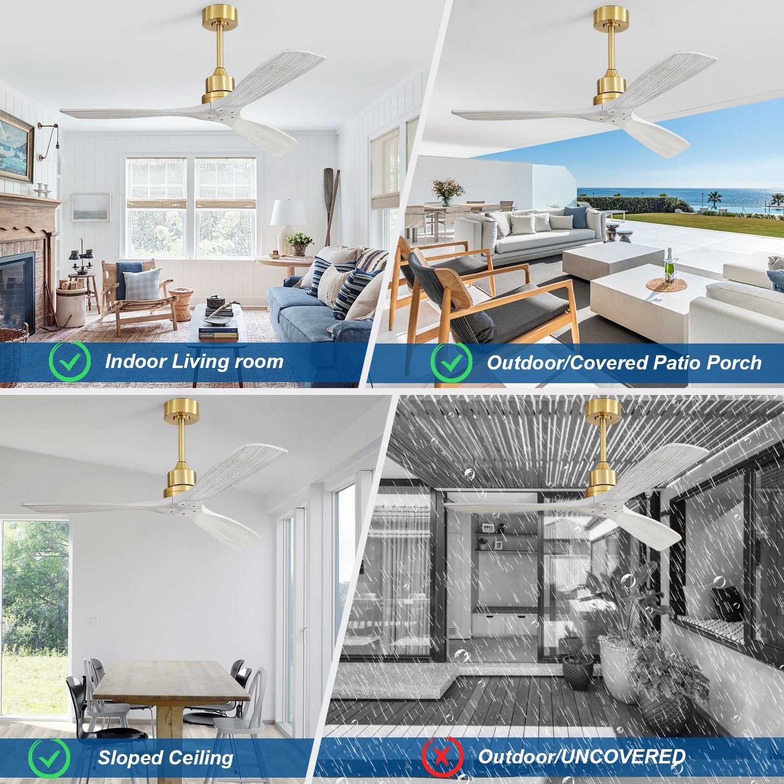 Ventilateur de plafond moderne de 52 pouces en bois massif/ABS avec télécommande (sans éclairage), 6 vitesses de ventilation, flux d'air réversible.