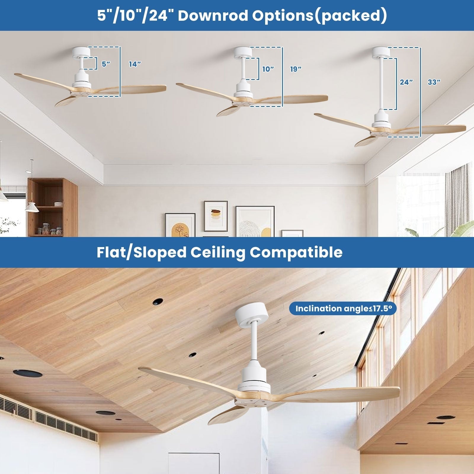 Ventilateur de plafond moderne de 52 pouces en bois massif/ABS avec télécommande (sans éclairage), 6 vitesses de ventilation, flux d'air réversible.