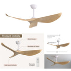 Ventilateur de plafond moderne de 52 pouces en bois massif/ABS avec télécommande (sans éclairage), 6 vitesses de ventilation, flux d'air réversible.