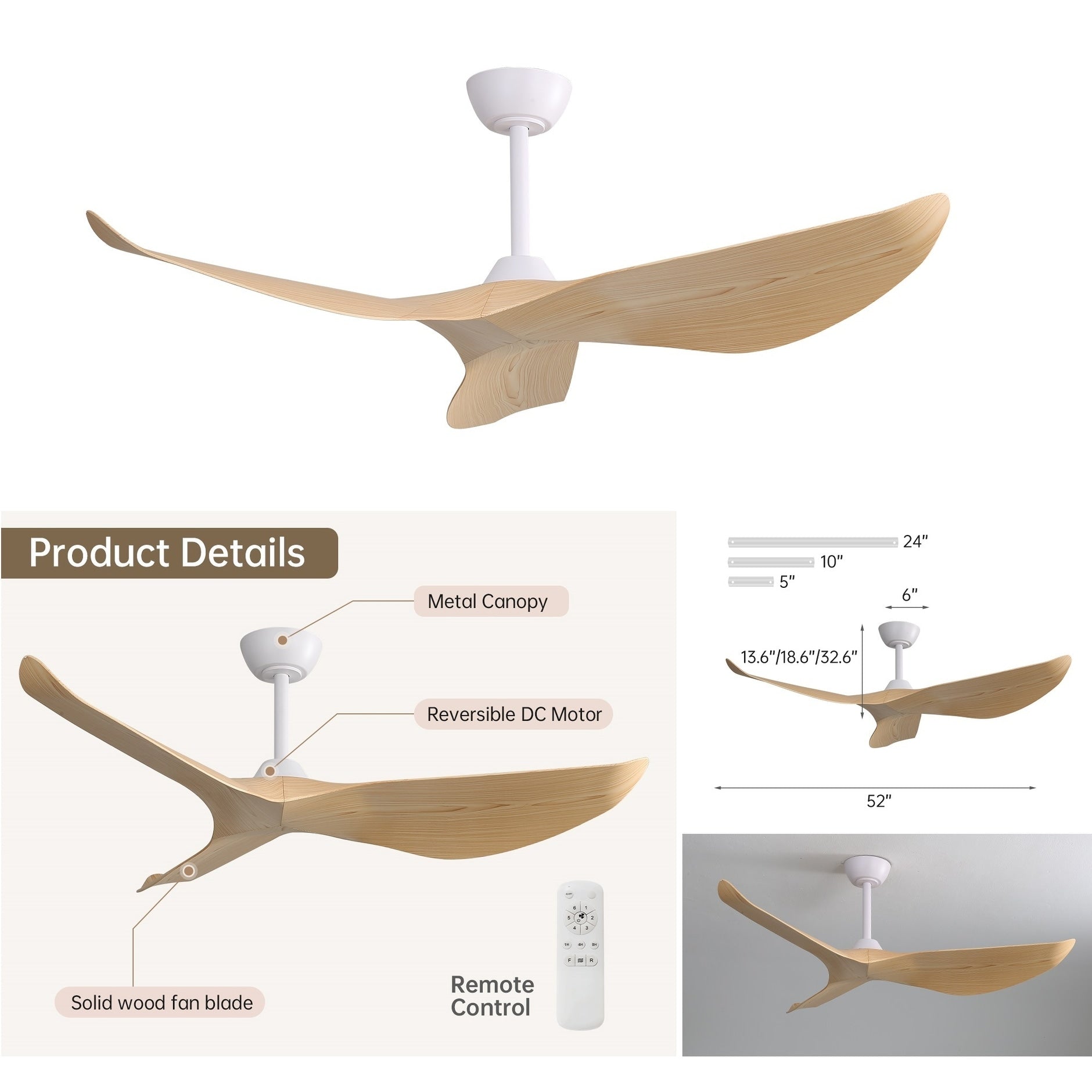Ventilateur de plafond moderne de 52 pouces en bois massif/ABS avec télécommande (sans éclairage), 6 vitesses de ventilation, flux d'air réversible.
