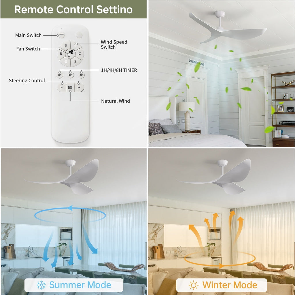 Ventilateur de plafond moderne de 52 pouces en bois massif/ABS avec télécommande (sans éclairage), 6 vitesses de ventilation, flux d'air réversible.