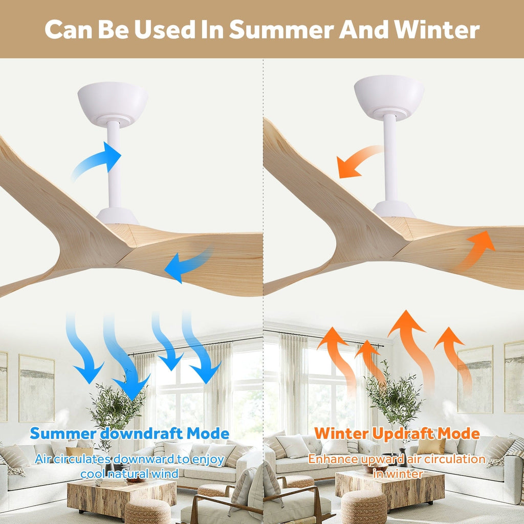 Ventilateur de plafond moderne de 52 pouces en bois massif/ABS avec télécommande (sans éclairage), 6 vitesses de ventilation, flux d'air réversible.
