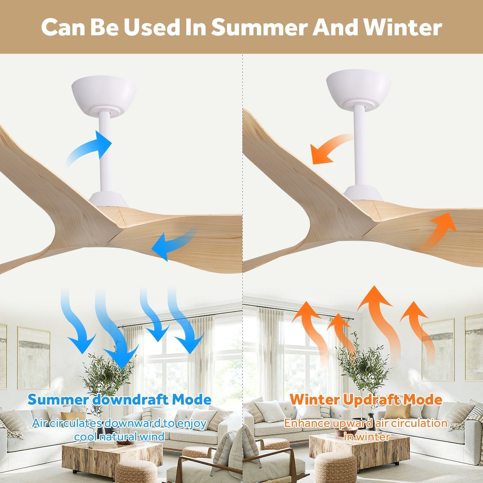 Ventilateur de plafond moderne de 52 pouces en bois massif/ABS avec télécommande (sans éclairage), 6 vitesses de ventilation, flux d'air réversible.
