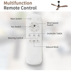 Ventilateur de plafond silencieux en bois de noyer 52/60/48 avec télécommande, éclairage intégré en option.