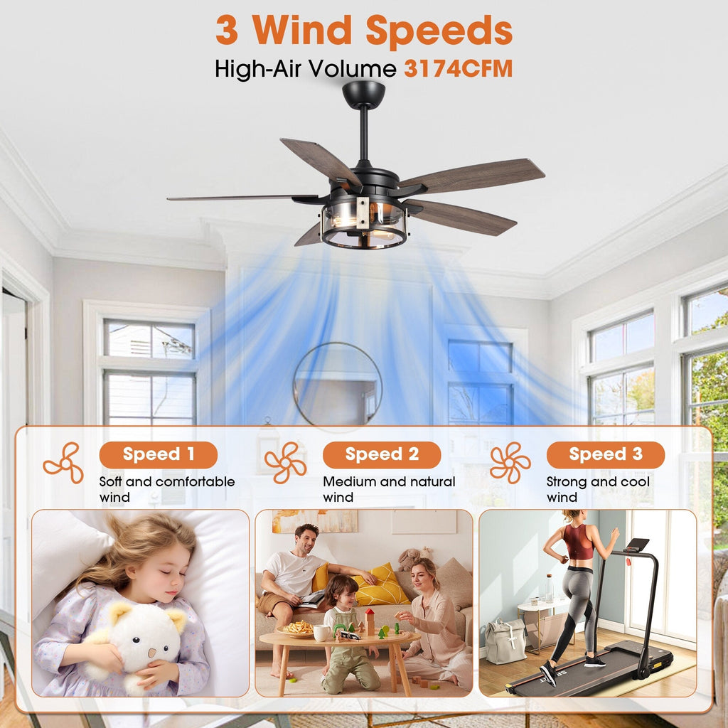 Ventilateur de plafond intérieur à 5 pales en bois noir rustique de 52 pouces avec télécommande