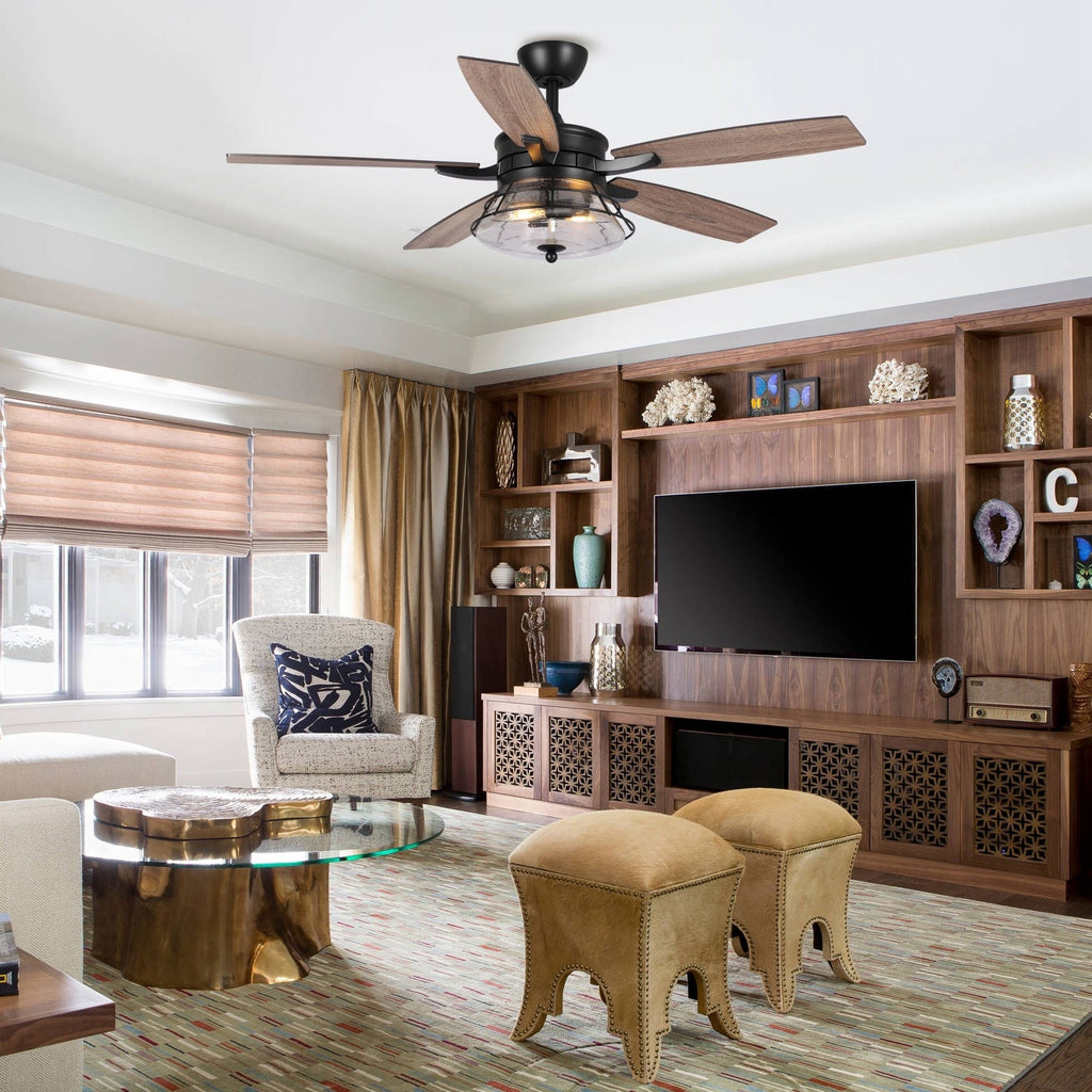 Ventilateur de plafond décoratif noir à 52 pales en verre dépoli, avec télécommande et kit d'éclairage.