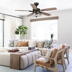 Ventilateur de plafond décoratif noir à 52 pales en verre dépoli, avec télécommande et kit d'éclairage.