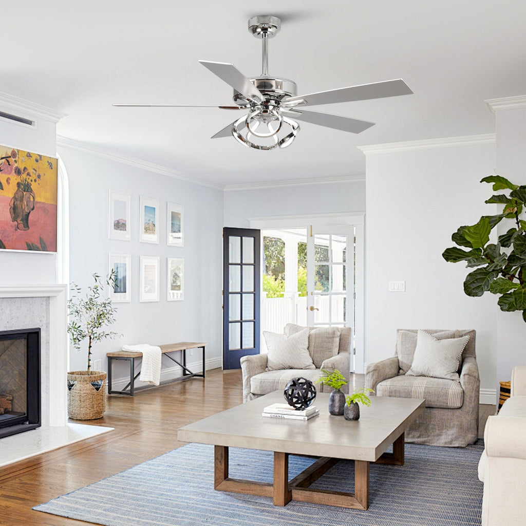 Ventilateur de plafond LED intérieur moderne à 52 pouces, chromé/noir, avec éclairage et télécommande, et fonction de gradation.