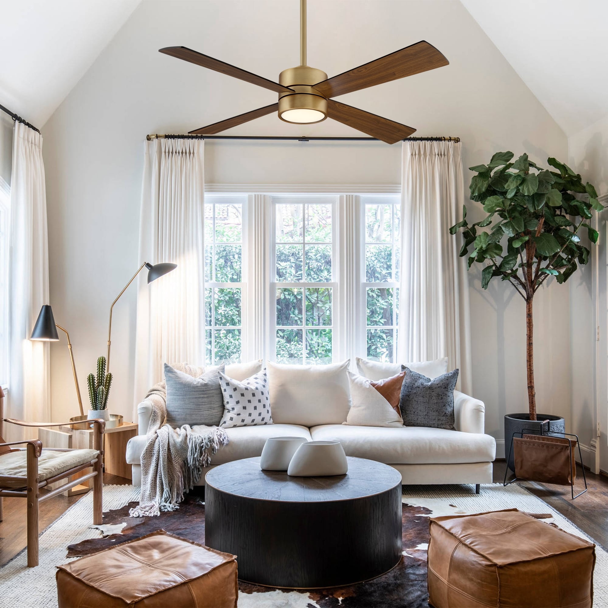 Ventilateur de plafond intérieur à 4 pales en bois et laiton antique de 52 pouces avec éclairage et télécommande