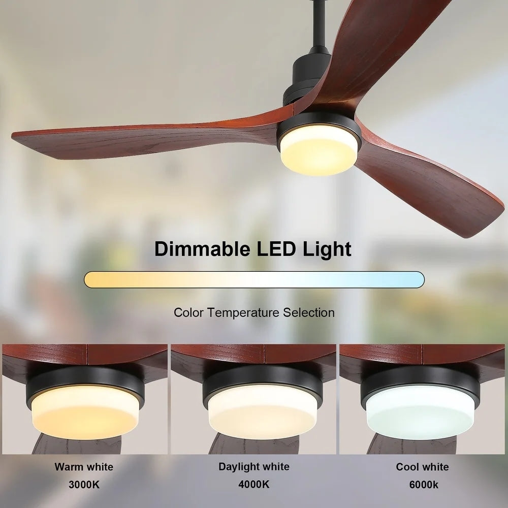 Ventilateur de plafond silencieux en bois de noyer 52/60/48 avec télécommande, éclairage intégré en option.