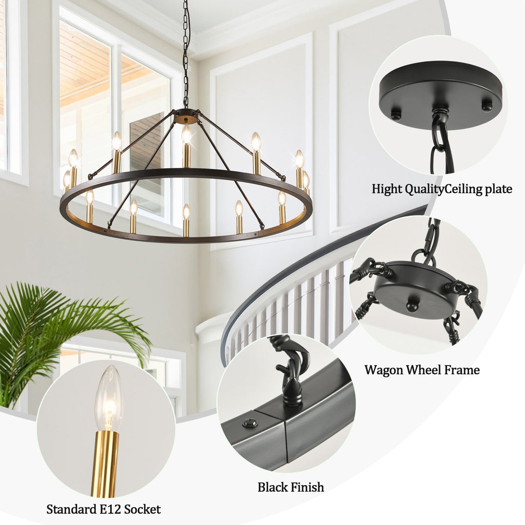 Luminaire à 24 lumières en forme de roue de chariot ronde de 54 pouces