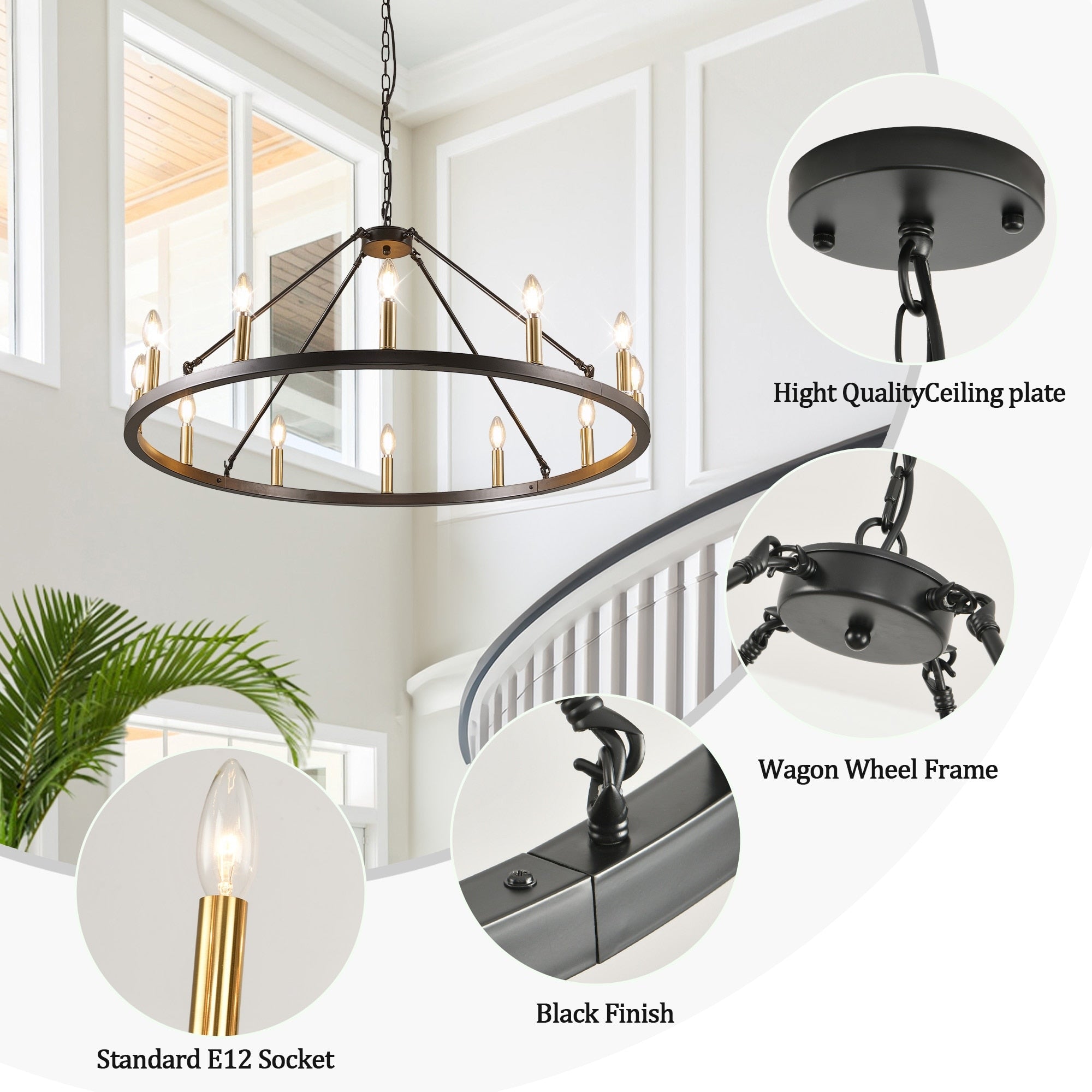 Luminaire à 24 lumières en forme de roue de chariot ronde de 54 pouces