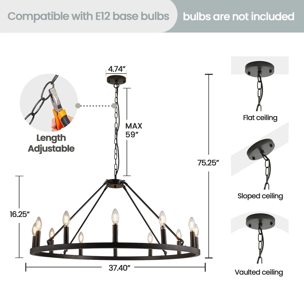 Luminaire à 24 lumières en forme de roue de chariot ronde de 54 pouces