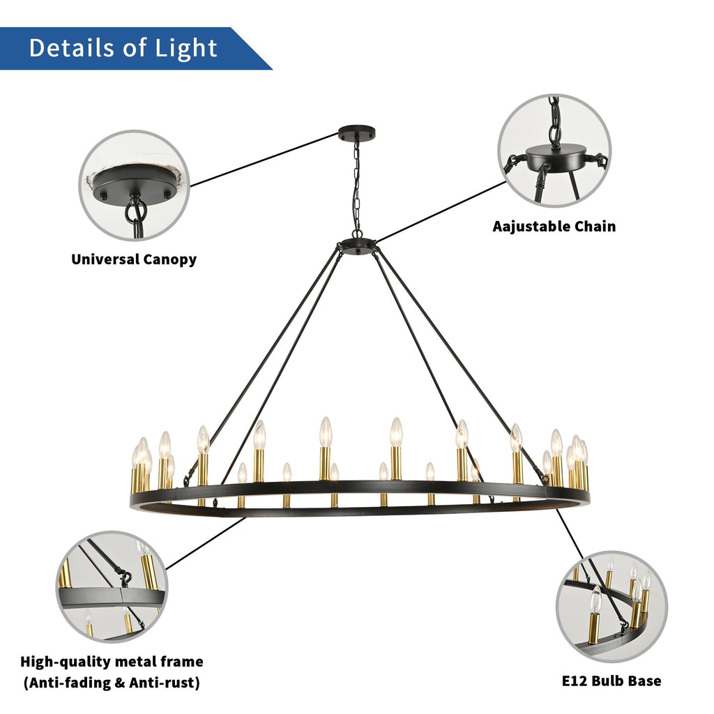 Luminaire à 24 lumières en forme de roue de chariot ronde de 54 pouces