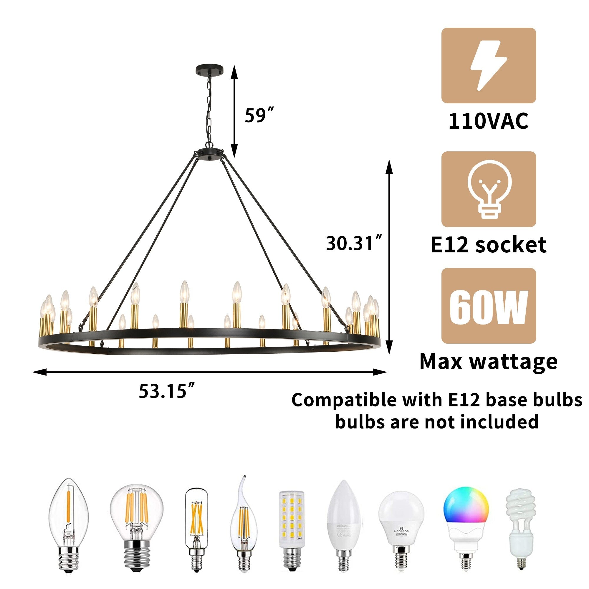 Luminaire à 24 lumières en forme de roue de chariot ronde de 54 pouces
