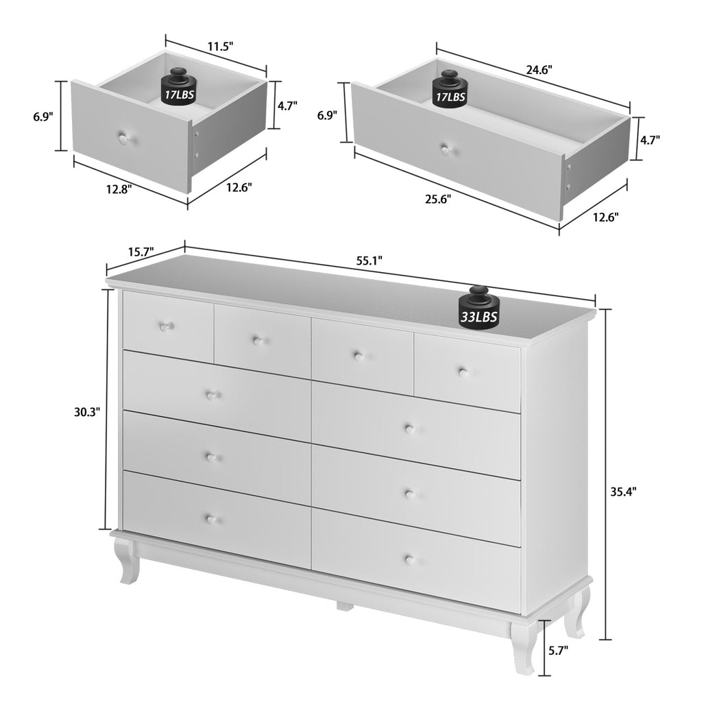 Commode de chambre à coucher double de 135 cm de large avec tiroirs de rangement