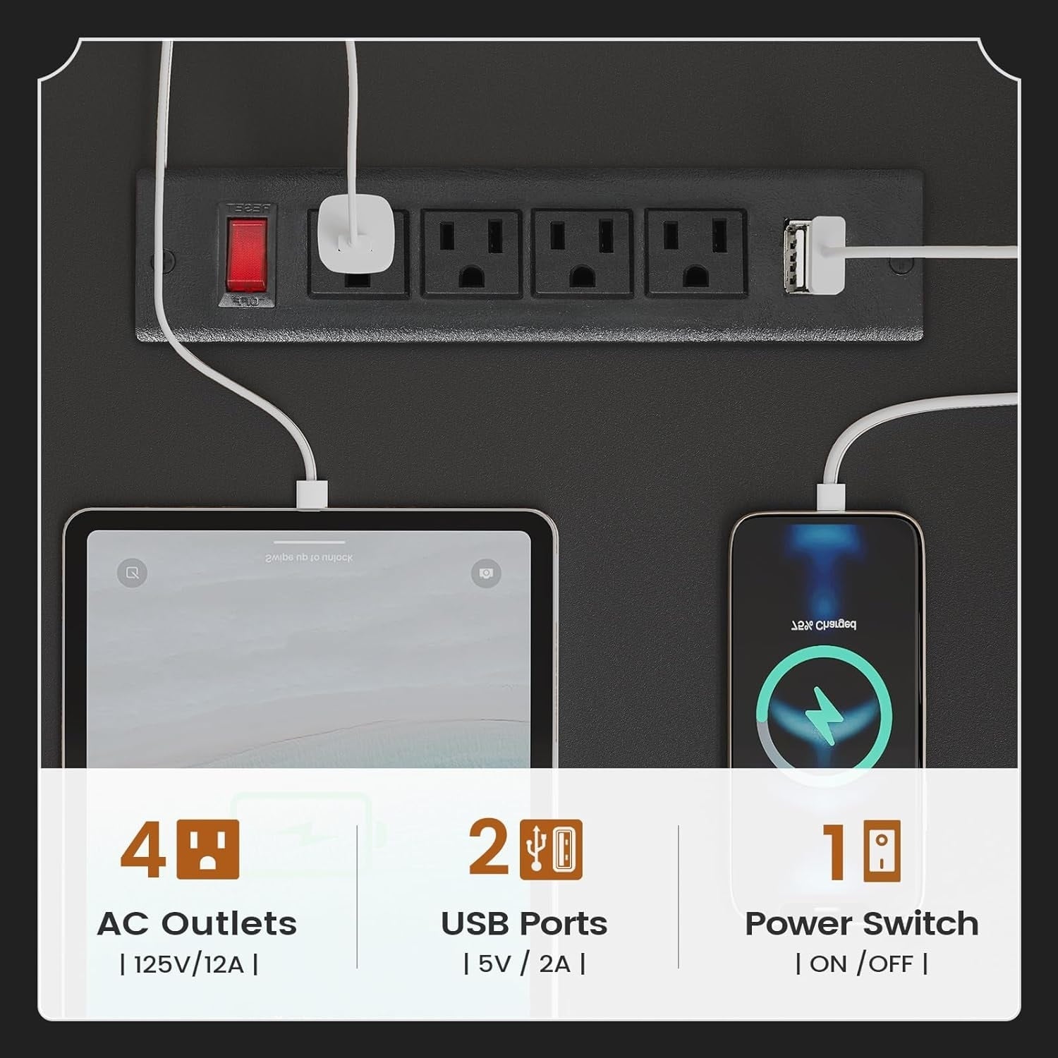 Bureau de direction de style farmhouse, bureau de travail à domicile, tiroir à dossiers, support de moniteur, prise de courant.