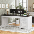 Bureau de direction de style farmhouse, bureau de travail à domicile, tiroir à dossiers, support de moniteur, prise de courant.