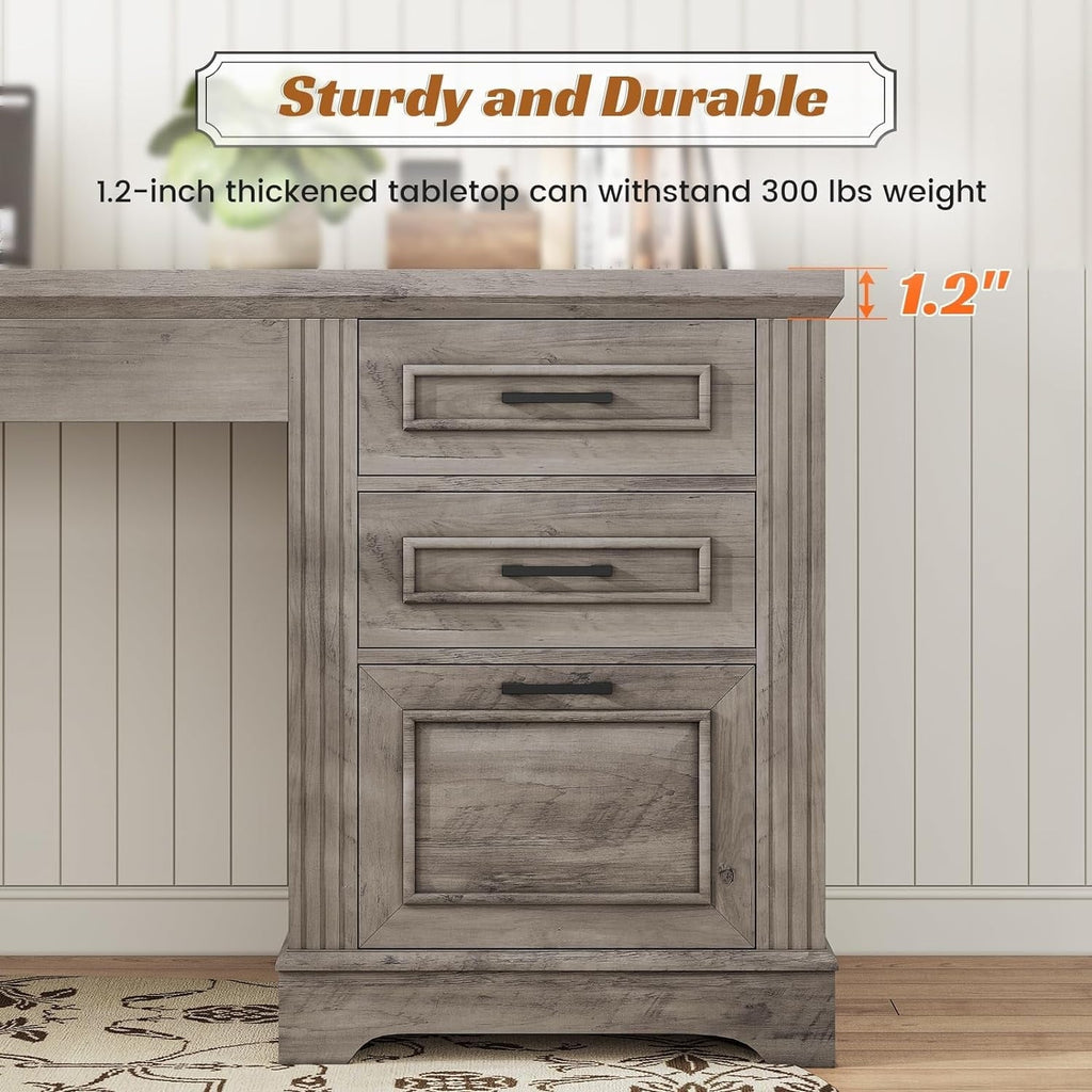 Bureau de direction de style farmhouse, bureau de travail à domicile, tiroir à dossiers, support de moniteur, prise de courant.