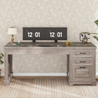 Bureau de direction de style farmhouse, bureau de travail à domicile, tiroir à dossiers, support de moniteur, prise de courant.