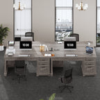 Bureau de direction de style farmhouse, bureau de travail à domicile, tiroir à dossiers, support de moniteur, prise de courant.