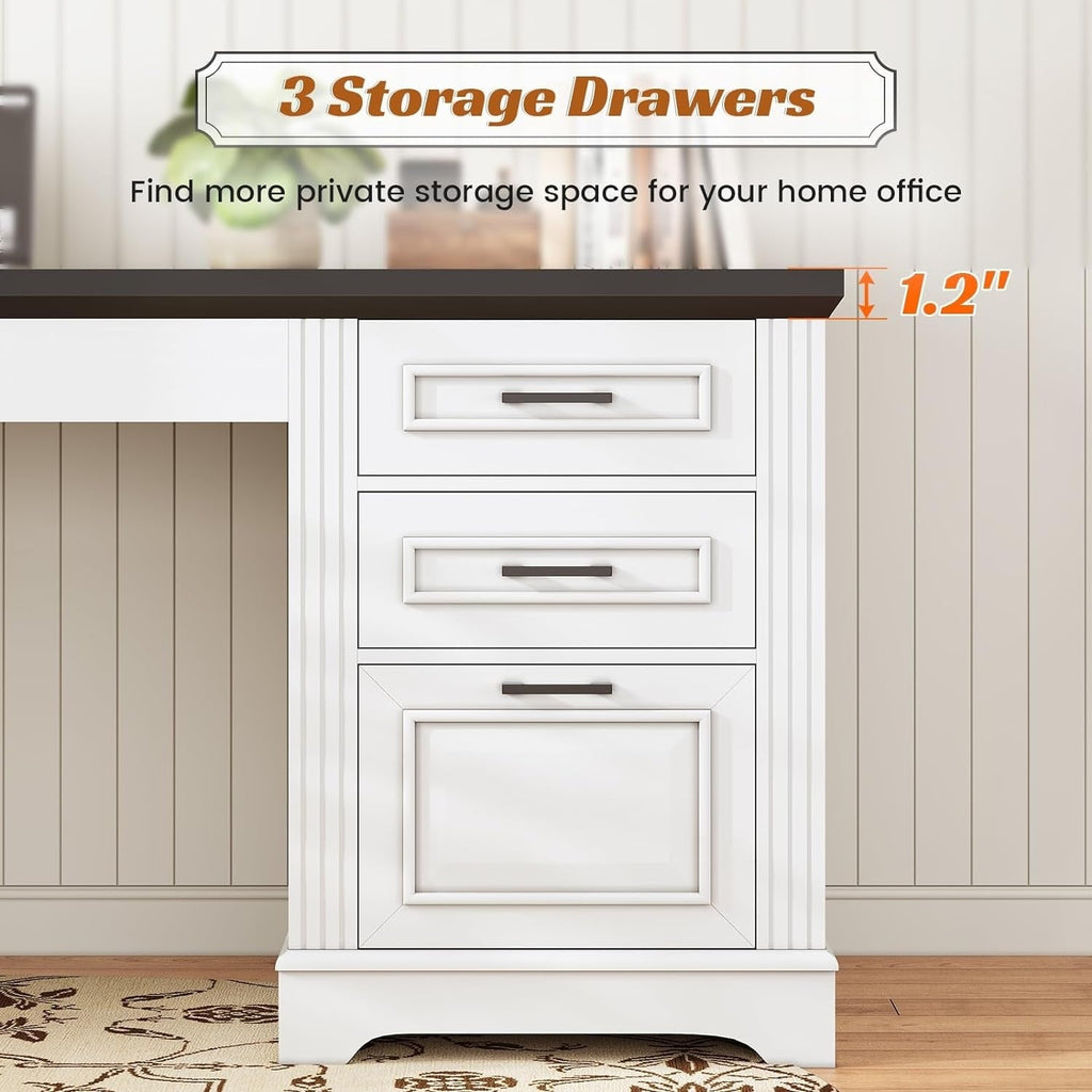 Bureau de direction de style farmhouse, bureau de travail à domicile, tiroir à dossiers, support de moniteur, prise de courant.