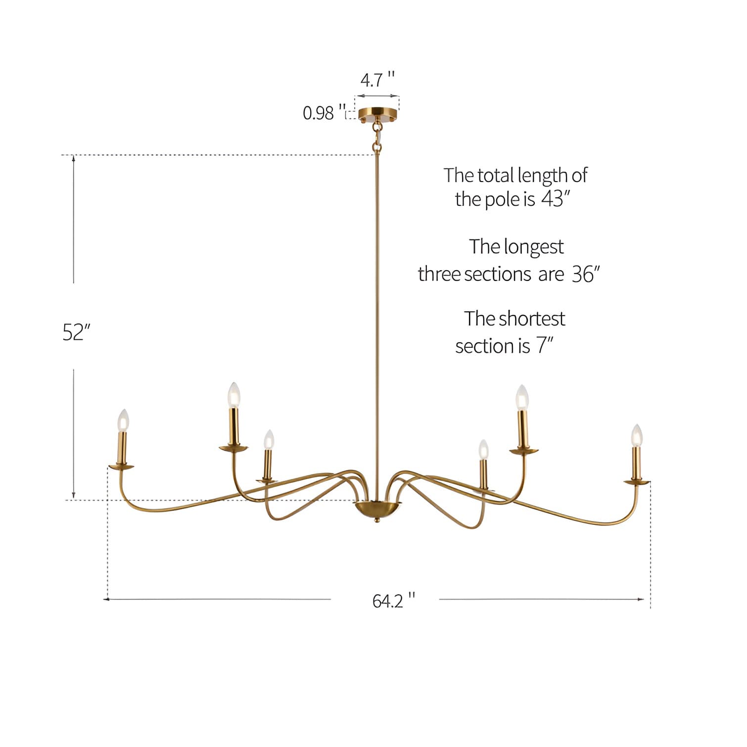 Luminaire minimaliste à 6 lumières de 64 pouces en noir mat / doré / chrome - N/A
