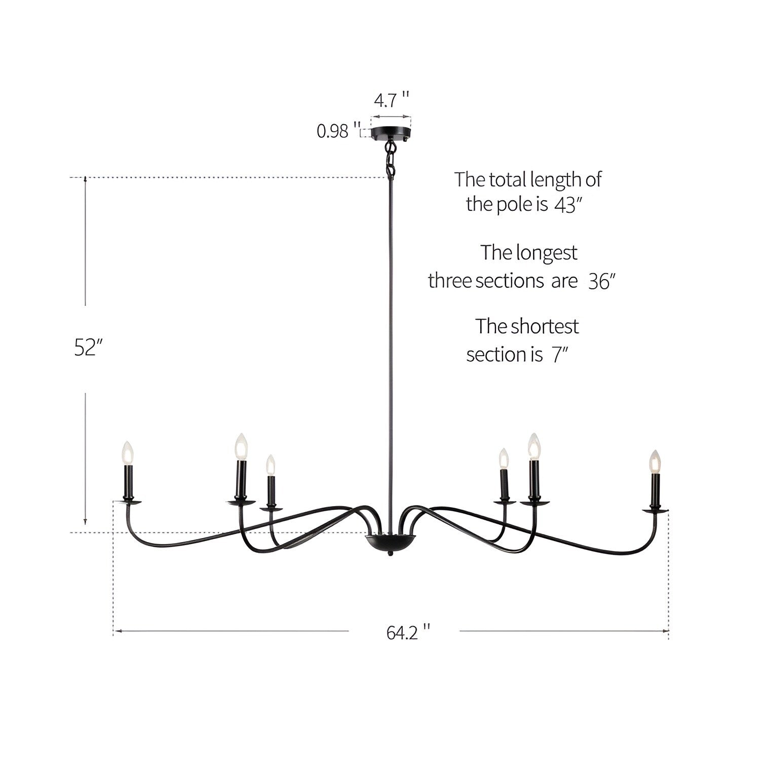Luminaire classique français minimaliste à 6 lumières avec éclairage de type bougie