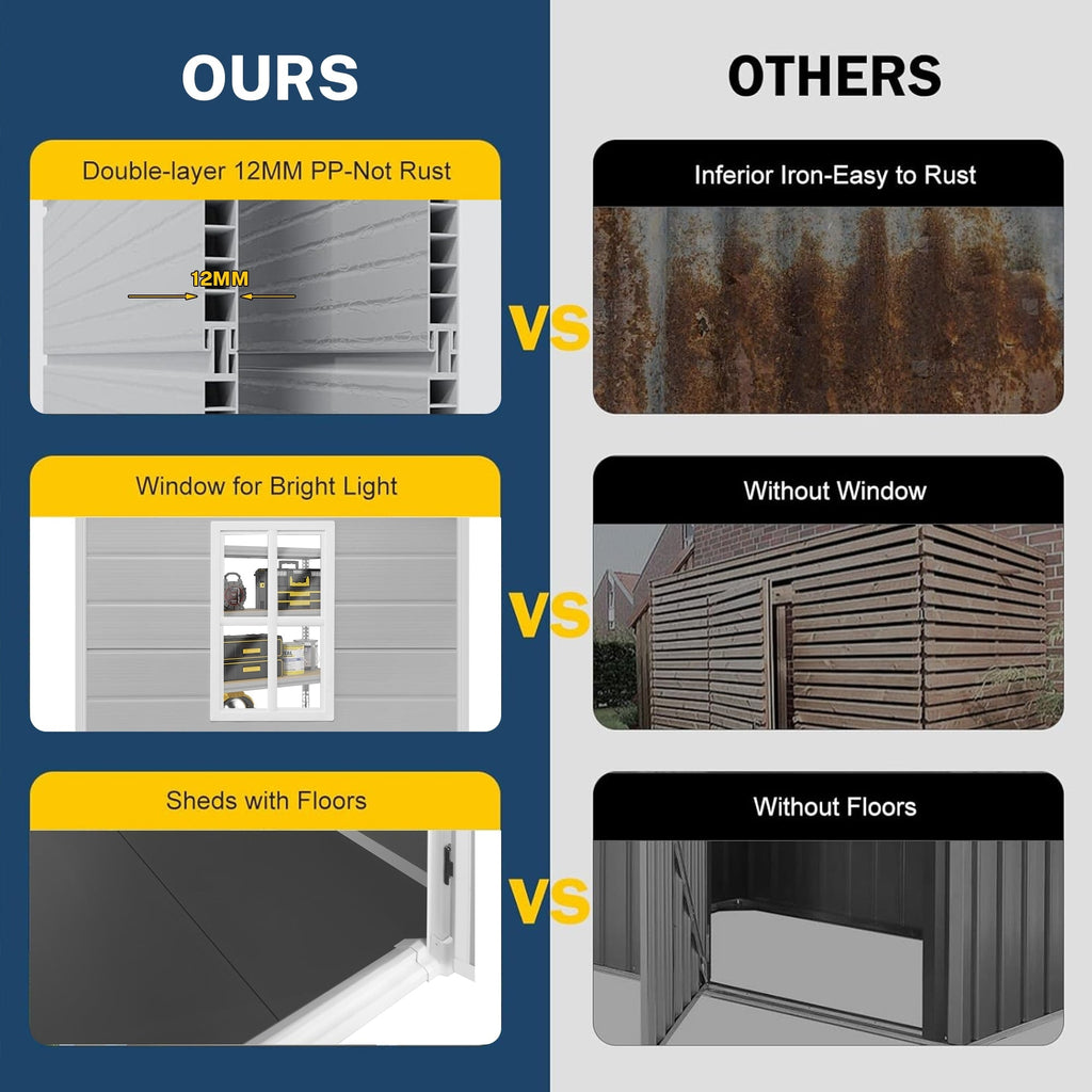 Abri de jardin en résine pour extérieur, résistant aux intempéries, avec plancher, modèle Spire Tool Shed, dimensions : 6 pi x 4 pi / 6 pi x 8 pi / 8 pi x 6 pi / 8 pi x 10 pi