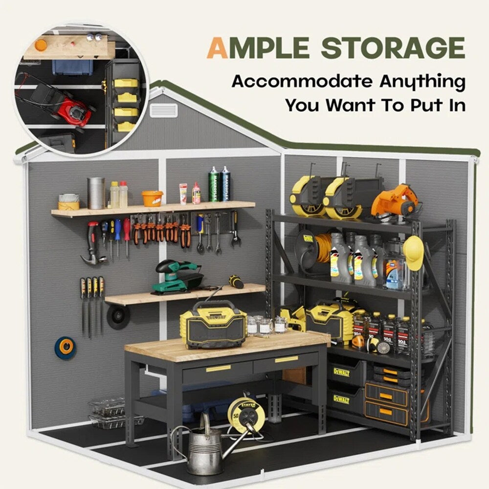 Abri de jardin en résine pour extérieur, résistant aux intempéries, avec plancher, modèle Spire Tool Shed, dimensions : 6 pi x 4 pi / 6 pi x 8 pi / 8 pi x 6 pi / 8 pi x 10 pi