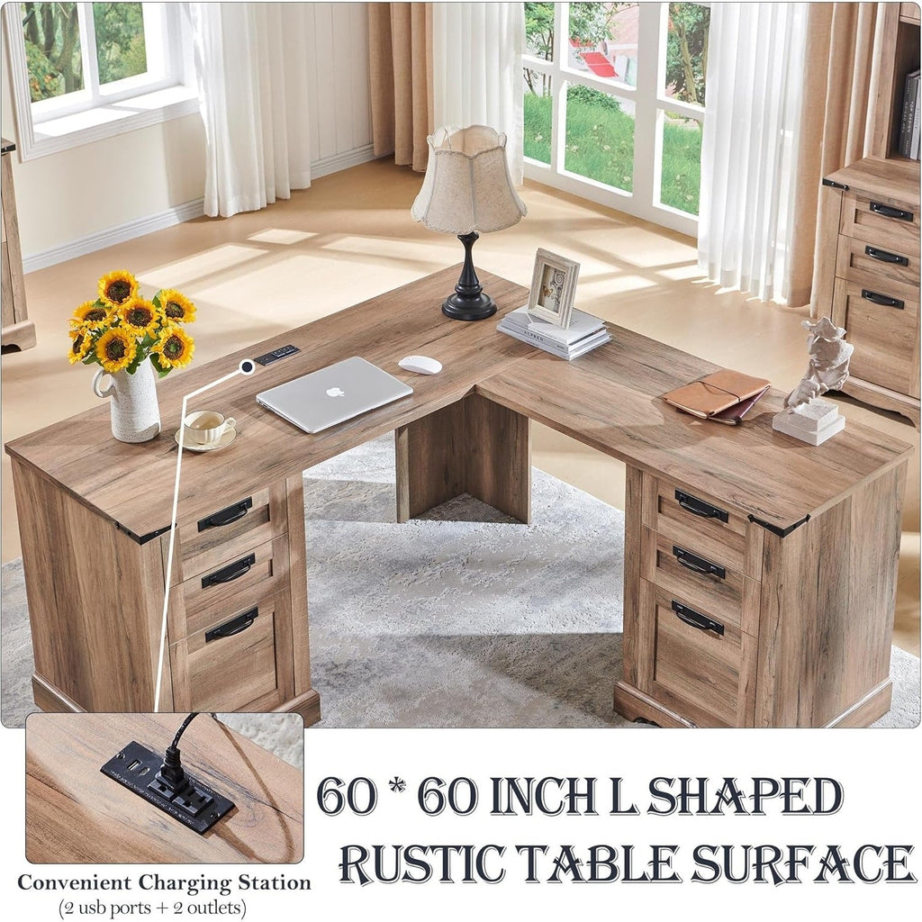 Bureau de direction en forme de L de style farmhouse, bureau d'angle en bois, bureau d'ordinateur