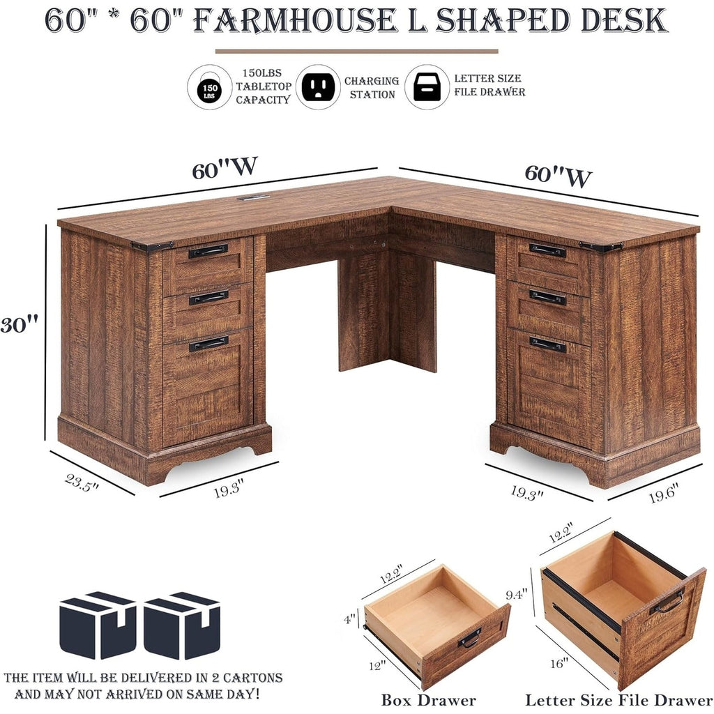 Bureau de direction en forme de L de style farmhouse, bureau d'angle en bois, bureau d'ordinateur