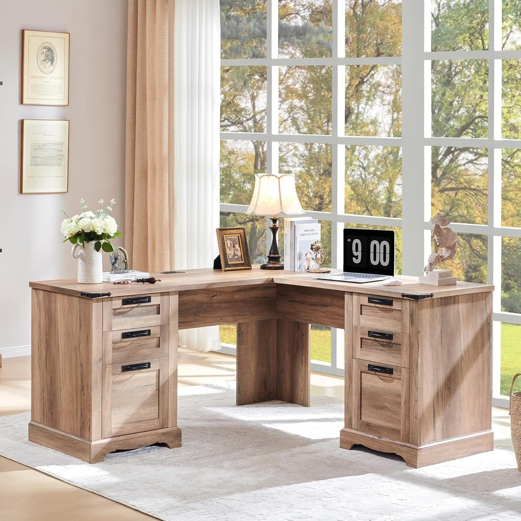 Bureau de direction en forme de L de style farmhouse, bureau d'angle en bois, bureau d'ordinateur
