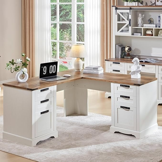Bureau de direction en forme de L de style farmhouse, bureau d'angle en bois, bureau d'ordinateur
