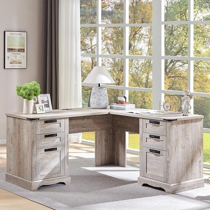Bureau de direction en forme de L de style farmhouse, bureau d'angle en bois, bureau d'ordinateur