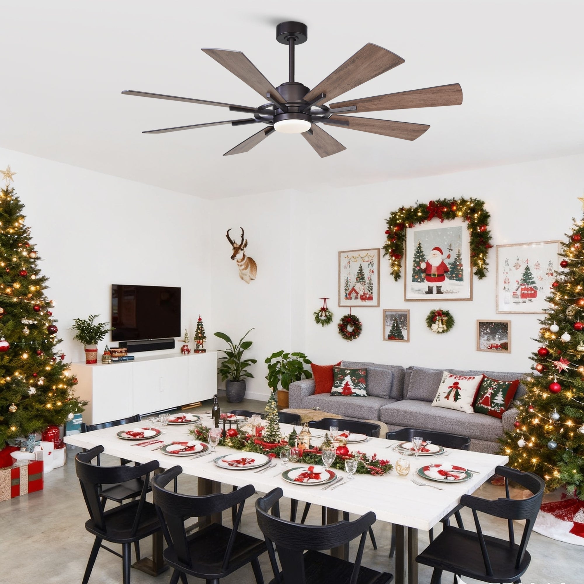 Grand ventilateur de plafond à 60 pouces en bronze patiné avec éclairage et télécommande - 60 pouces