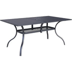 Table rectangulaire de jardin en métal à lattes avec trou pour parasol, 60 x 37 pouces, pour 6 personnes.