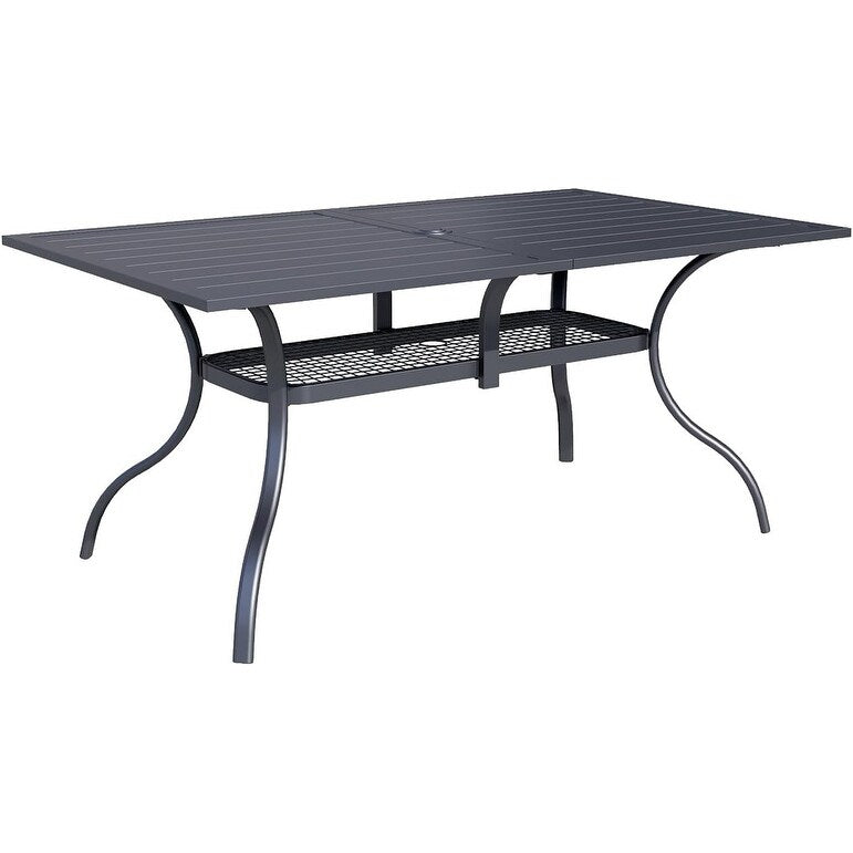 Table rectangulaire de jardin en métal à lattes avec trou pour parasol, 60 x 37 pouces, pour 6 personnes.