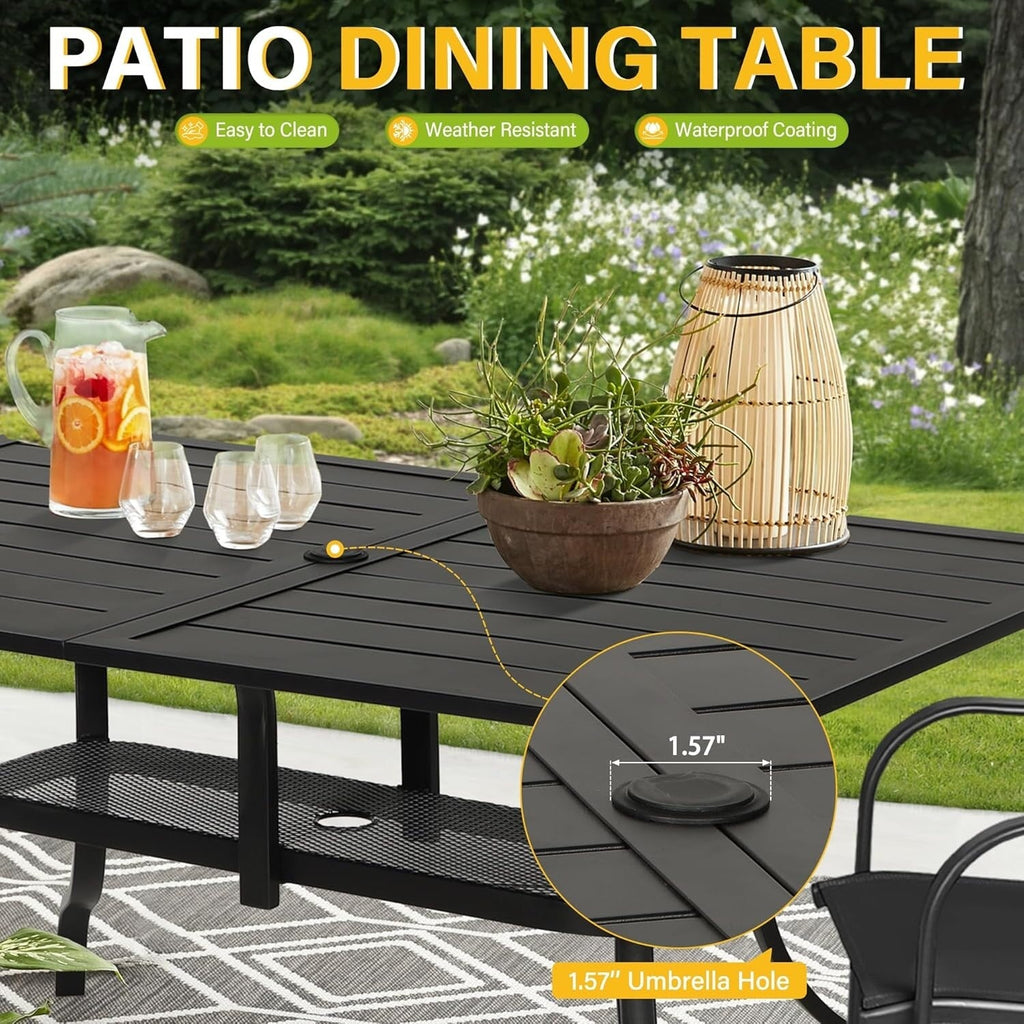 Table rectangulaire de jardin en métal à lattes avec trou pour parasol, 60 x 37 pouces, pour 6 personnes.