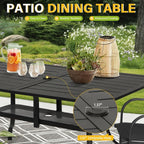 Table rectangulaire de jardin en métal à lattes avec trou pour parasol, 60 x 37 pouces, pour 6 personnes.