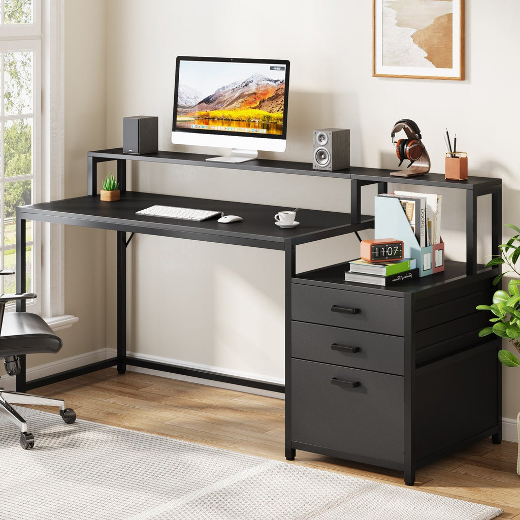 Bureau d'ordinateur de 63 pouces avec support de moniteur, bureau de travail ergonomique pour la maison avec tiroirs et armoire à dossiers.